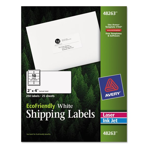 Avery EcoFriendly Mailing Labels, Inkjet/Laser Printers, 2 x 4, White, PK250 48263